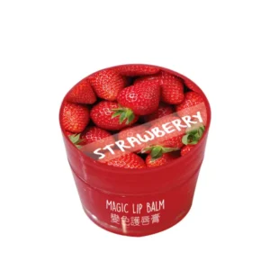 草莓口味變色護唇膏小圓罐，紅色瓶身與草莓照片瓶蓋，保濕雙唇用唇膏產品示意圖 Strawberry magic color-changing lip balm in a red round jar with strawberry photo lid, moisturizing lip care product mockup