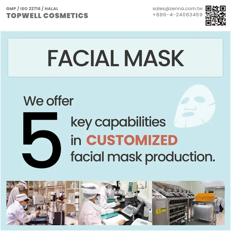 頂郁企業提供5大客製化面膜生產能力,GMP與ISO22716認證,支持OEM/ODM代工及多樣化面膜製程。 TOP-WELL offers 5 key capabilities in customized facial mask production, GMP & ISO22716 certified, supporting OEM/ODM manufacturing.