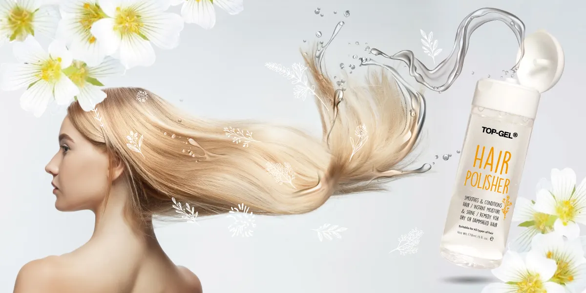 TOP-GEL 護髮精華 Hair Polisher 宣傳圖，為乾燥與受損髮補水保濕並增添光澤，適合 OEM/ODM 客製化代工。 TOP-GEL Hair Polisher for dry and damaged hair, providing instant moisture and shine, OEM/ODM customizable.