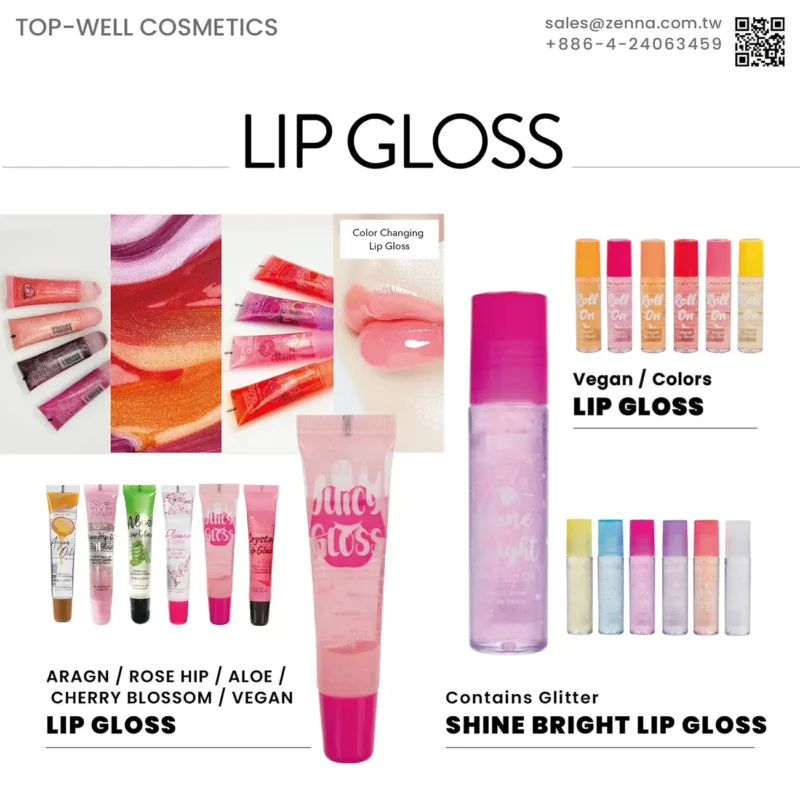 頂郁企業唇蜜產品系列展示,包含變色潤唇蜜、珠光唇蜜、素食彩色唇蜜與亮片光澤唇蜜,支援 OEM/ODM 代工。 TOP-WELL lip gloss collection, featuring color changing, pearly, vegan, and glitter lip glosses, supporting OEM/ODM manufacturing.