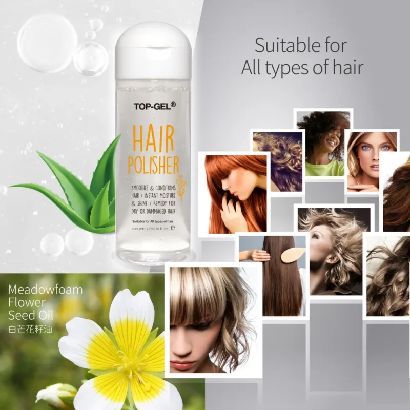 TOP-GEL 護髮精華 Hair Polisher 宣傳圖，含白芒花籽油與蘆薈精華，適用各種髮質，修護乾燥受損髮。 TOP-GEL Hair Polisher with meadowfoam seed oil and aloe, suitable for all hair types, repairing dry and damaged hair.