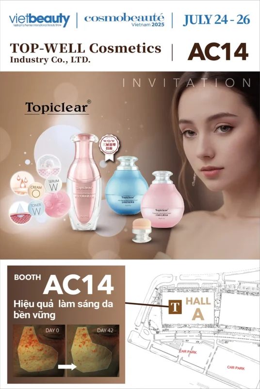 頂郁企業參加 2025 越南美容展，展示晶鑽肌三件組，攤位 AC14，推廣台灣專業 OEM 保養品。TOP-WELL at Cosmobeauté Vietnam 2025, showcasing Diamond Skincare Trio at booth AC14 for OEM skincare promotion.