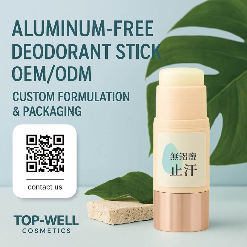 Aluminum-free deodorant stick product with leaf and stone decor. 無鋁鹽止汗棒產品展示圖