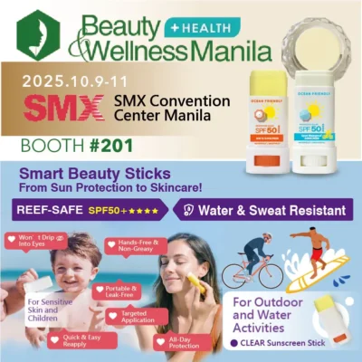 頂郁企業 2025 菲律賓美容健康展展示海洋友善防曬棒，SPF50 防水防汗配方 Top-Well Cosmetics SPF50 Ocean-Friendly Sunscreen Stick showcased at 2025 Beauty + Health Wellness Manila