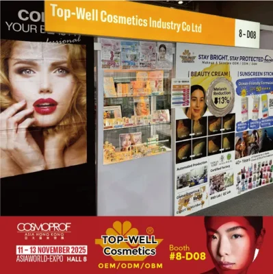 Top-Well Cosmetics booth at Cosmoprof Asia Hong Kong 2025, showcasing beauty cream and sunscreen stick OEM/ODM skincare products. 頂郁企業於2025香港亞洲美容展展出，展示美容膏與防曬棒等OEM/ODM保養品。